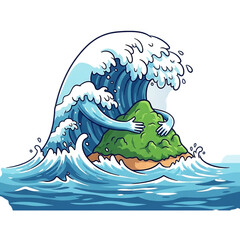 Obraz premium Wave Embraces Island A Whimsical Illustration of Nature's Affection and Protection