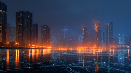 Stunning futuristic cityscape at night with vibrant neon lights reflecting on water, symbolizing innovation and connectivity