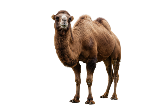 Isolated Bactrian camel standing on a plain surface, an even-toed ungulate native to Central Asia