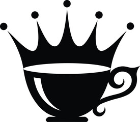 Royal Brew An Exquisite Black and White Silhouette Featuring a Regal Crown and a Teacup Symbolizing Elegance, Sophistication, and a Dash of Luxury