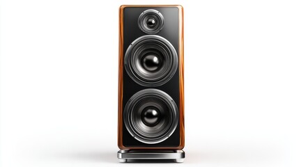 Obraz premium Tall audio speaker with polished wood grain cabinet and chrome accents.