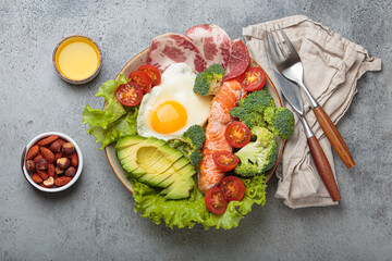Healthy ketogenic diet concept showing a balanced meal on plate with salmon, avocado, fried egg, bacon, broccoli, tomato, and fresh salad, promoting low carb and high fat eating