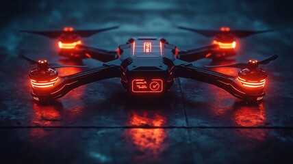 High-Tech Surveillance Drone: Close-up of a futuristic quadcopter with striking neon orange and red glowing lights, resting on a textured, metallic surface.