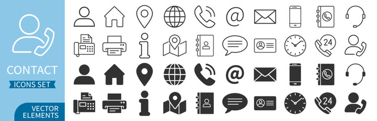 Contact information icon set. Business card and website icons. Black contact symbols – phone, mail, fax, info, support. Vector illustration on transparent background