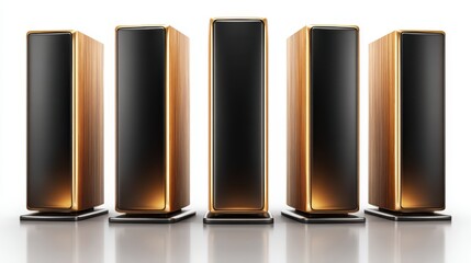 Five elegant tall speakers with wood grain and gold trim stand in a row.