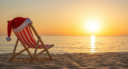 Christmas Santa Hat on Empty Deck Chair on Beach at Sunset ocean