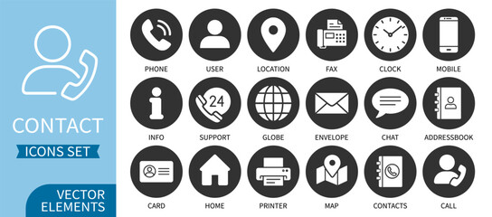 Contact icons set. Business and communication icon set. Phone, mail, location, chat, support and contact symbols for web and print. Thin line vector illustration on transparent background