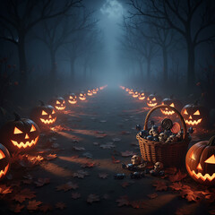 Sentiero nebbioso nel bosco illuminato da una fila di Jack-o'-lantern minacciose, con un cesto di dolci e teschi in primo piano sotto la luna piena.