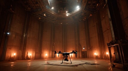 Powerful drone poised for flight in vast industrial hangar, ready for advanced aerial photography and surveillance missions.