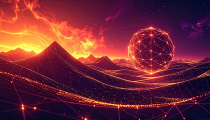 Digital background with glowing circular grid and orange to purple gradient