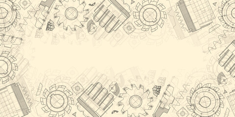 Mechanical engineering drawings on sepia background. Cutting tools, milling cutter. Technical Design. Cover. Blueprint. Horizontal seamless pattern. Vector illustration.