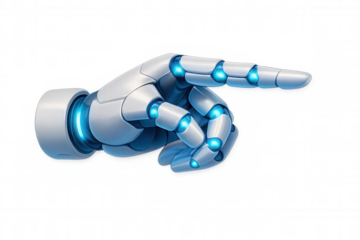 Ai robot hand with glowing blue joints and pointing finger on a transparent background, symbolizing future innovation and automation