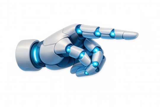 Ai robot hand with glowing blue joints and pointing finger on a transparent background, symbolizing future innovation and automation