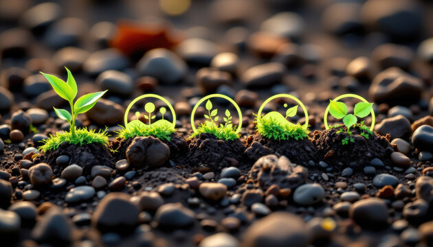 Young plant, soil, sustainability, growth, eco concept with green icons on rocky ground - Powered by Adobe