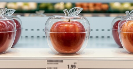 Plastic wrapped apple in store, ecology and consumerism issue