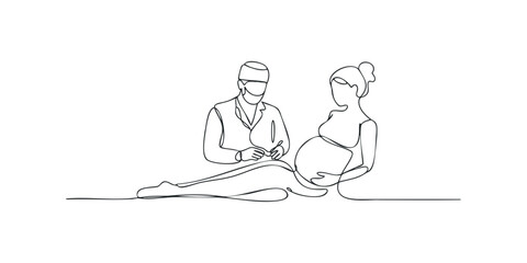 Doctor consulting with pregnant woman in one line drawing style