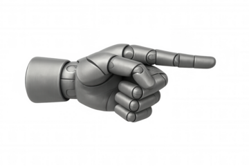 Robot arm hand pointing index finger, indicating direction, advanced technology, artificial intelligence, transparent background
