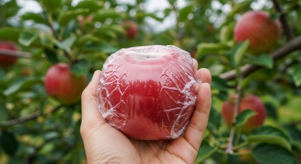 Plastic wrapped apple held in hand, apple orchard ecology theme