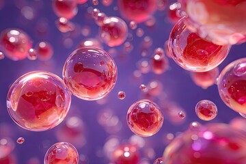 Close-up of numerous spherical, translucent orbs, reflecting vibrant reds, against a soft purple background