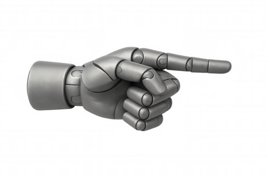 Robot arm hand pointing index finger, indicating direction, advanced technology, artificial intelligence, transparent background