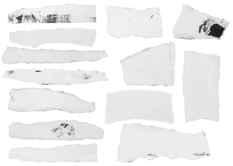 Set of torn white paper strips collage isolated on empty background for creative design or texture mockup