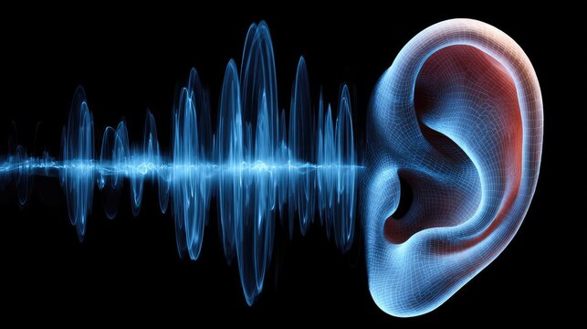 Artistic depiction of human ear with sound wave against a black background