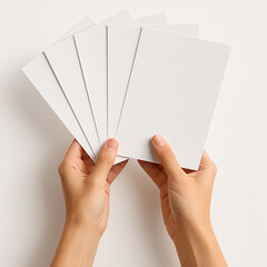 Female hands holding blank white postcards mockup