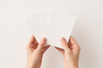 Female hands holding blank white postcards mockup