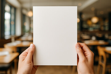 Female hands holding blank menu mockup at caf?