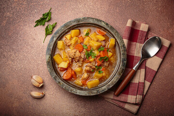 Hot chicken stew or soup with tender chicken pieces, chunky potatoes, and vibrant carrots garnished with fresh parsley in rustic bowl, comfort food for autumn and winter