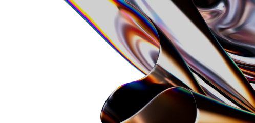 Dynamic abstract illustration of flowing fluid shapes with iridescent colors and reflections. Perfect for backgrounds, design elements, and crea