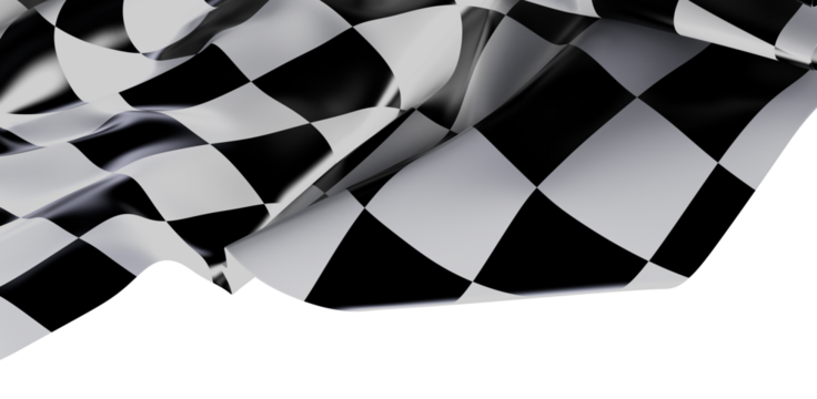 Close up of a waving black and white checkered flag isolated on a white background, representing speed, victory, racing, competition, and achiev