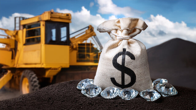 Mining Wealth Bag of Money with Diamonds near Excavator for Profitable Investment and Resource Extraction