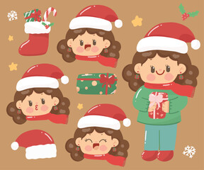 brown girl celebrating christmas with many expression vector art