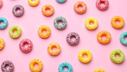 Colorful ring-shaped cereal on a pink background