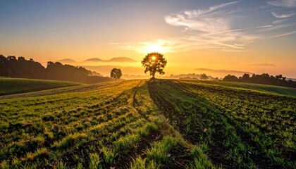 A radiant sunrise bathes a cultivated landscape, with a solitary tree at the center casting long shadows. Gentle fog veils distant hills