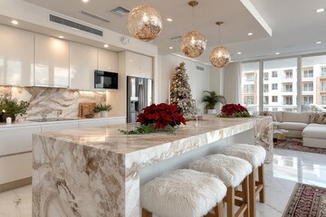 Naklejka na ściany i meble White modern kitchen interior decorated for Christmas holidays with Christmas tree, ornaments and red Poinsettia flowers  Naklejka na ściany i meble White modern kitchen interior decorated for Christmas holidays with Christmas tree, ornaments and red Poinsettia flowers