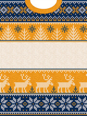 Merry Christmas Knitted Sweater Design Cozy Holiday Pattern. Festive Yeloow Blue Ugly Sweater with Reindeer Snowflakes. Knitted Christmas Greeting Card, Holiday Sweater Typography Vector Illustration