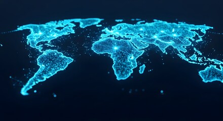 A glowing blue digital map of the world, highlighting major cities and connections, symbolizing global connectivity and technology on a dark background