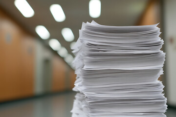 Tall stack of paper in office. Paperwork, documents, printouts or notes are piled high in an office or workspace, creating a potentially overwhelming sight.