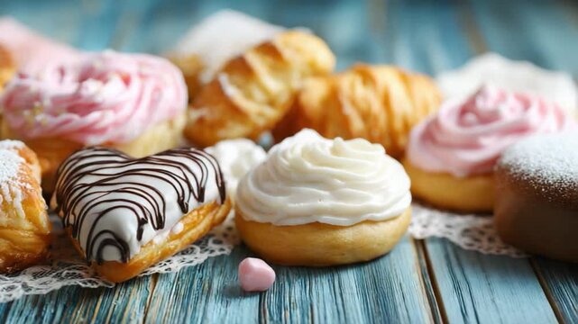 Pastry Paradise: A tempting array of artisanal pastries and cakes, boasting a medley of creamy textures, sweet toppings, and delicate details, awaits on a rustic wooden surface.