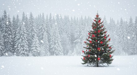 Obraz premium Decorated Christmas Tree in Snowy Forest Landscape with Falling Snow bows
