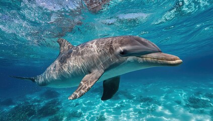 Fototapeta premium Close-up view of a dolphin gracefully swimming underwater with a clear blue ocean backdrop