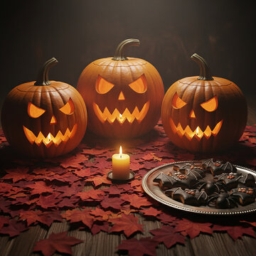 Tre Jack-o'-lantern minacciose illuminate da candele, con biscotti a forma di pipistrello e ragno, circondate da foglie d'acero rosse.
