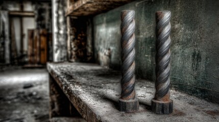 Close up of twisted metal drill bits on weathered workbench in abandoned setting