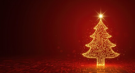 Digital Christmas Tree Made of Circuit Board Lines on Red Background technology electronic