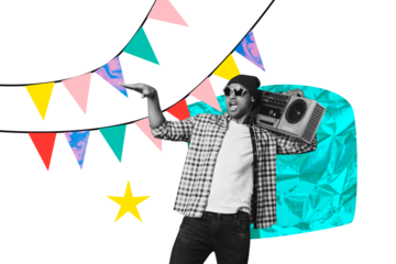 Composite photo collage of happy hipster guy hold retro boombox listen melody garland decor music occasion isolated on painted background