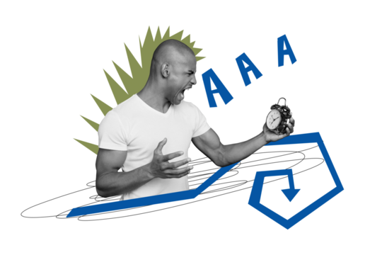 Composite photo collage of angry american guy scream alarm early morning sleeplessness deadline regime isolated on painted background