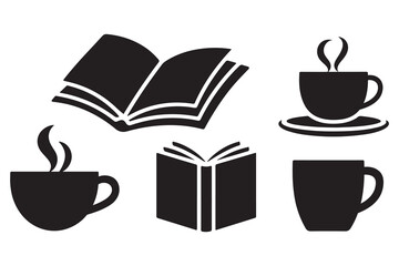 Coffee and book silhouette icon set isolated on white background
