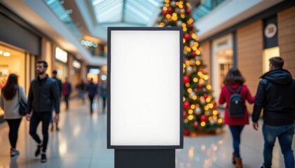 Empty advertising display next to festive Christmas tree in mall  